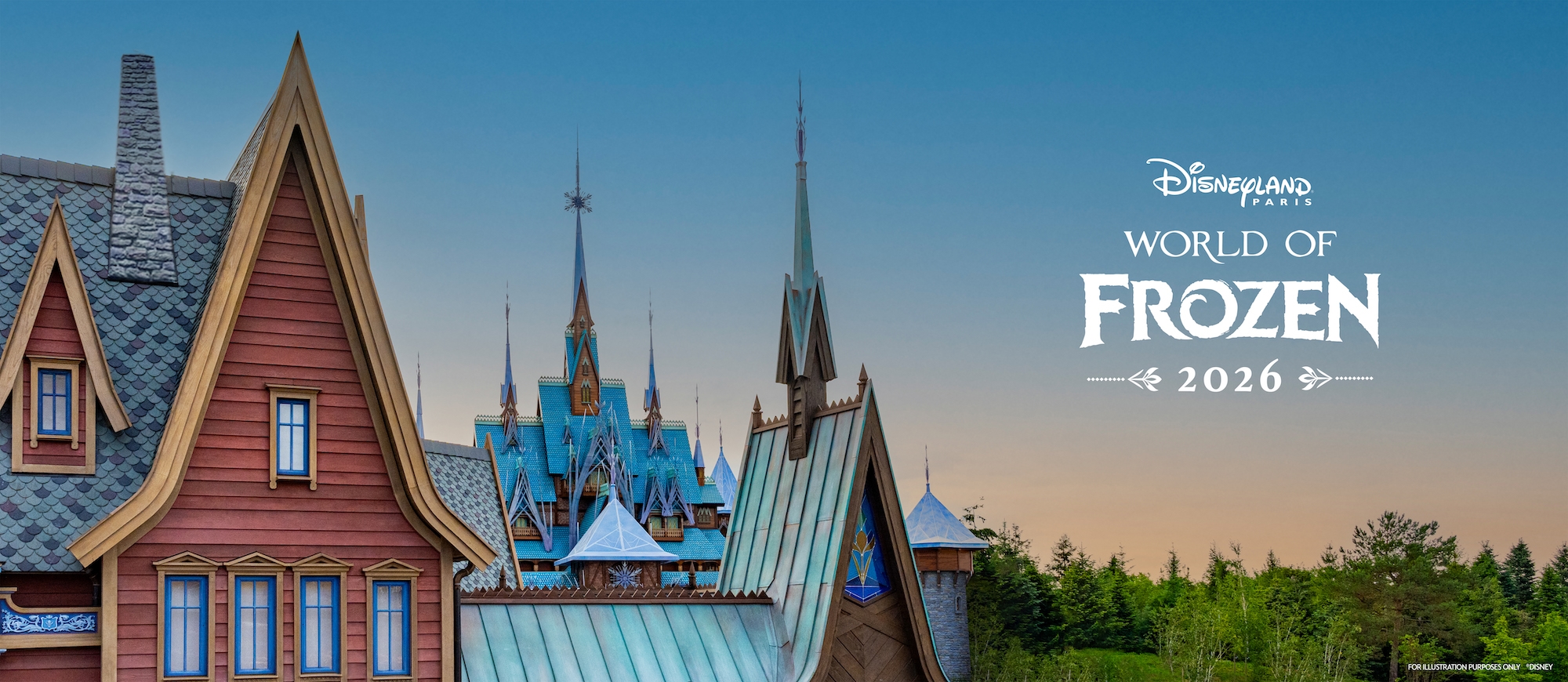 Promo visual van World of Frozen in Disneyland Paris met Arendelle aan het meer