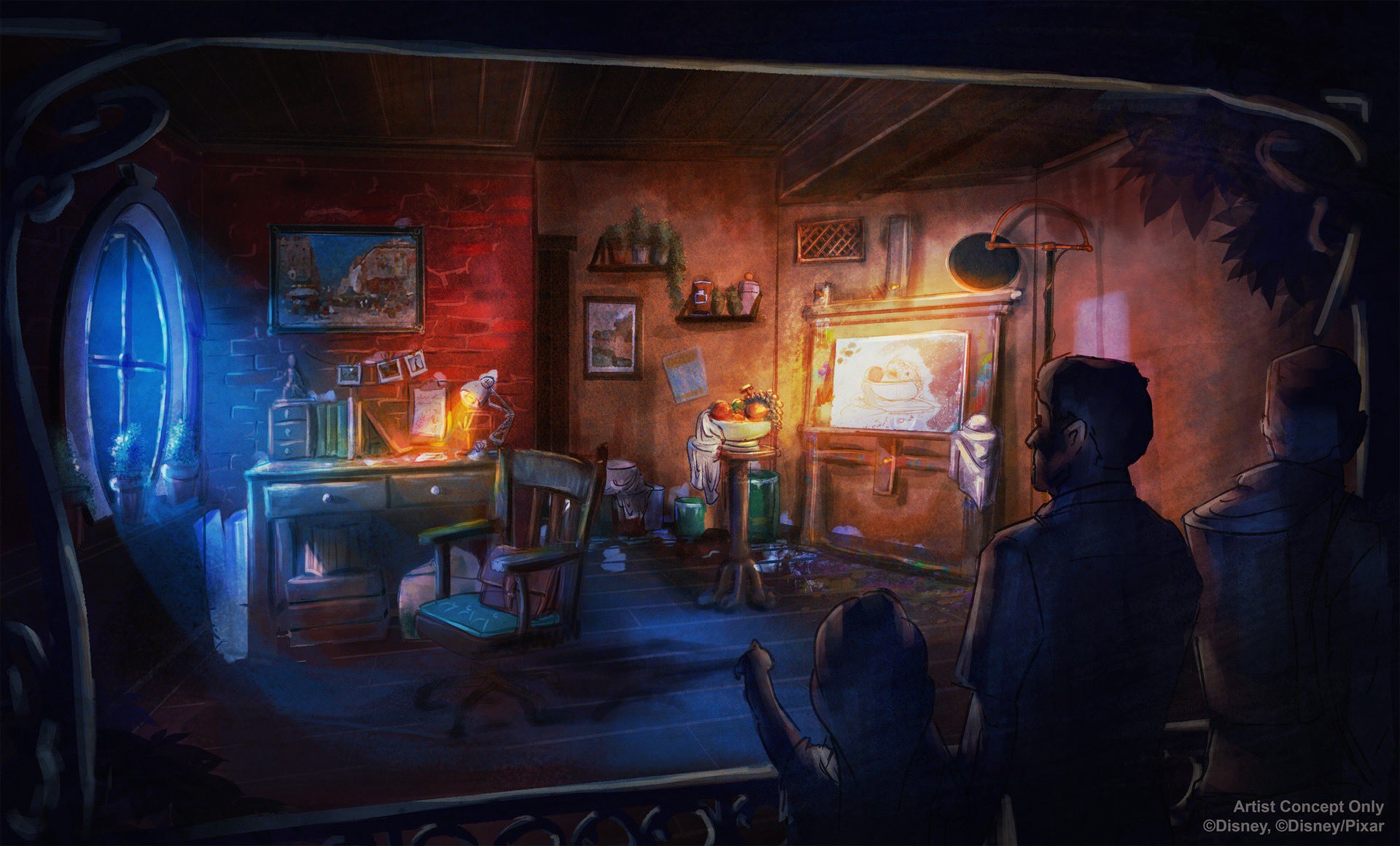 Concept art van de nieuwe wachtrijscène in Ratatouille: The Adventure in Disneyland Parijs