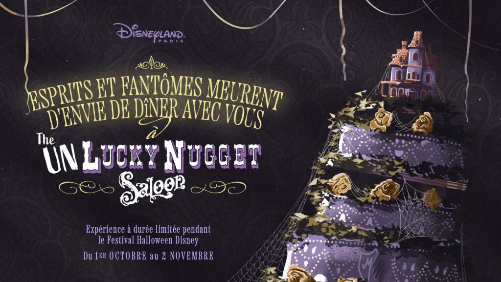 Disneyland Paris Halloween-poster: Unlucky Nugget Saloon spookdiner in Frontierland, met taart en Phantom Manor – 1 okt–2 nov