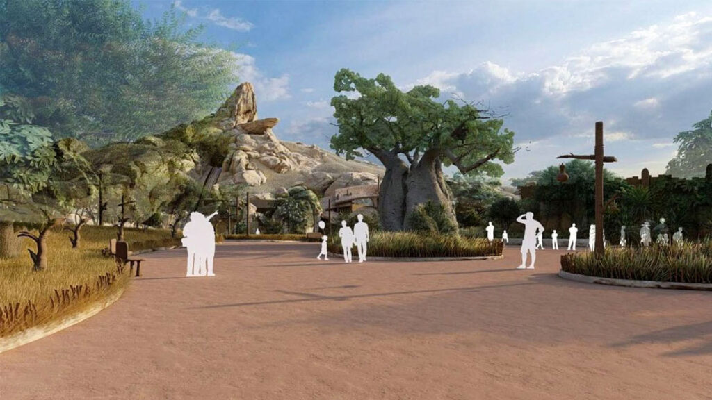 Concept art van Pride Rock-plein met baobab in toekomstig The Lion King-themeland (Disney Adventure World, Disneyland Paris)