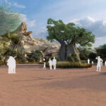 Concept art van Pride Rock-plein met baobab in toekomstig The Lion King-themeland (Disney Adventure World, Disneyland Paris)
