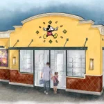 Concept art van retail kiosk in World Premiere Plaza bij Disney Adventure World in Disneyland Paris