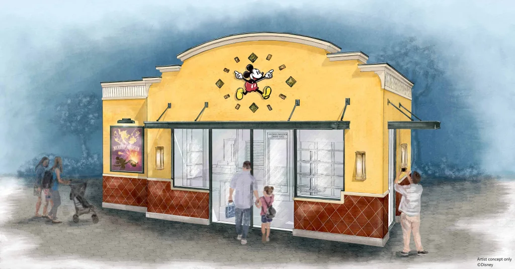 Concept art van retail kiosk in World Premiere Plaza bij Disney Adventure World in Disneyland Paris