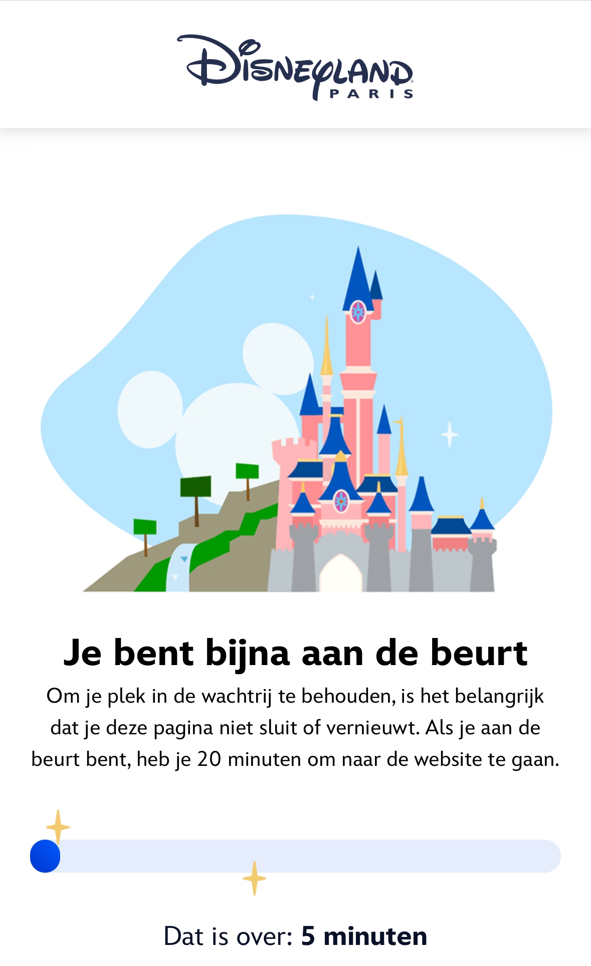 Wachtrijscherm op de officiële Disneyland Paris boekingssite