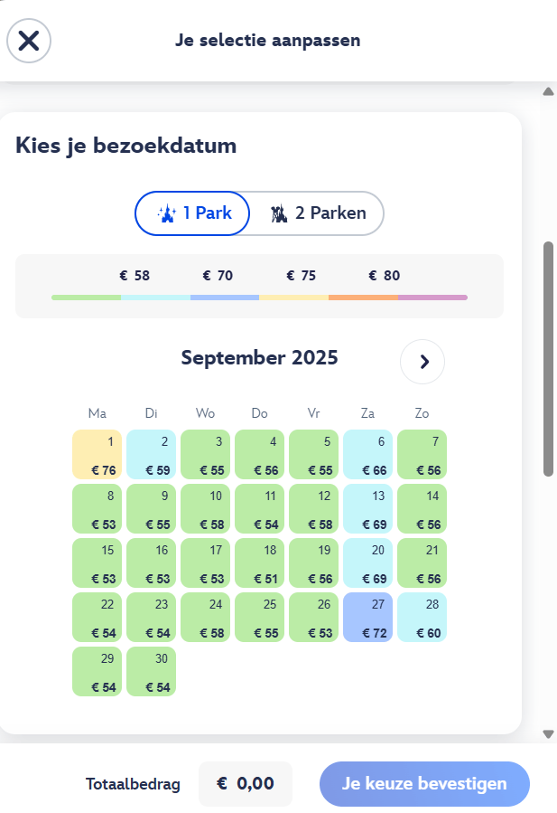 Voorbeeld van de Disneyland Paris prijsschatting-kalender met ticketprijzen per datum
