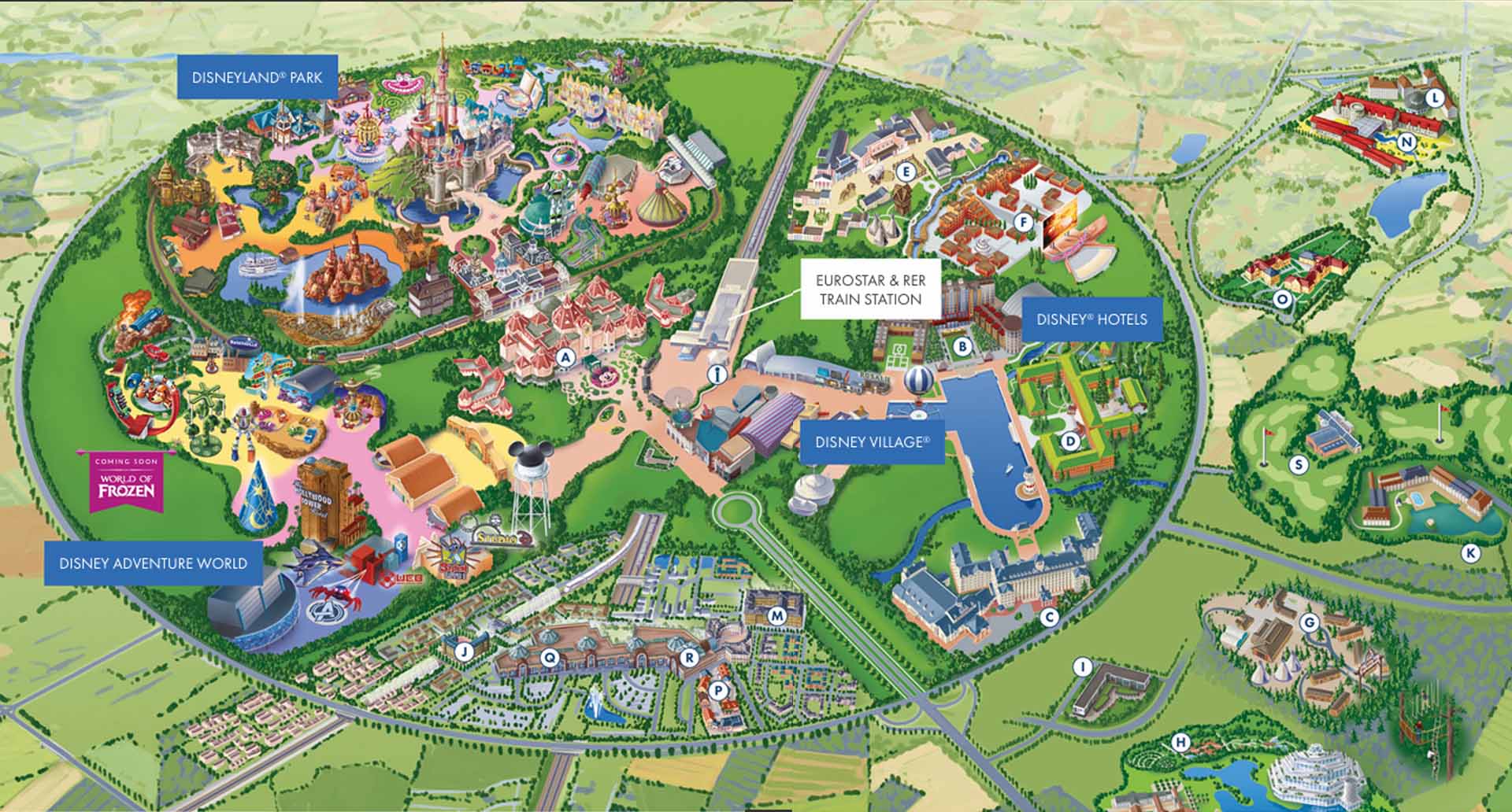 Kaart van Disneyland Paris en hotelgebied met partnerhotels