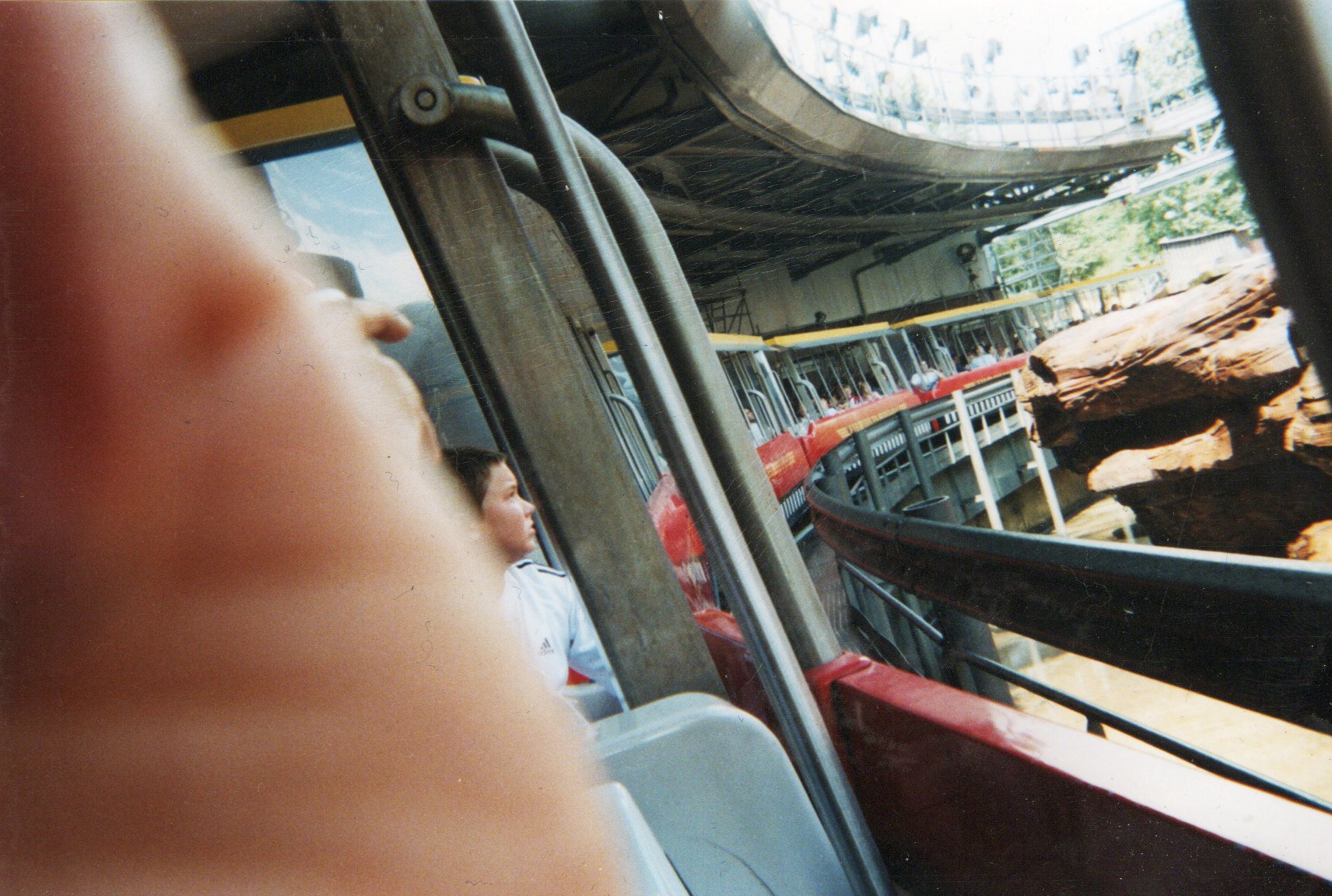 Onboard view of the Big Thunder Mountain train passing rugged rock formations in Frontierland, Disneyland Paris