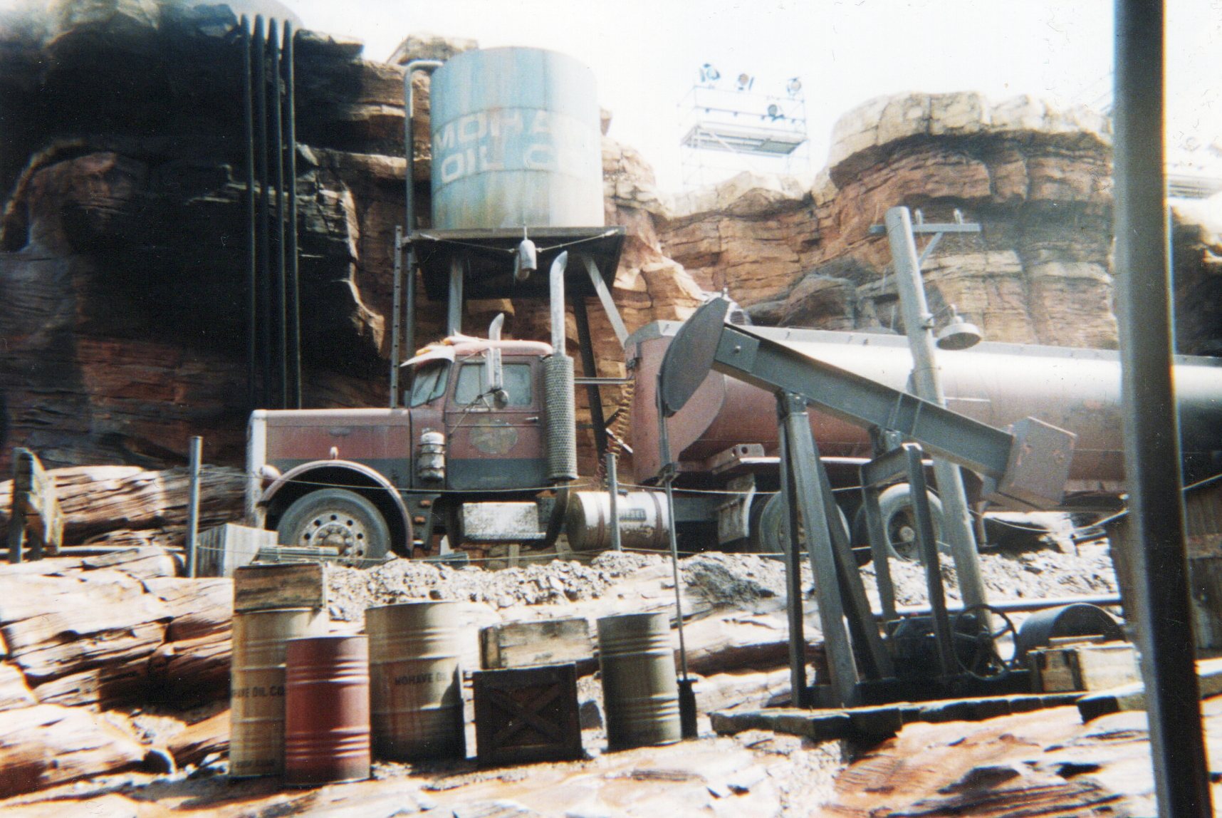 Rustic oil derrick and mining truck props in the Big Thunder Mountain queue at Frontierland, Disneyland Paris