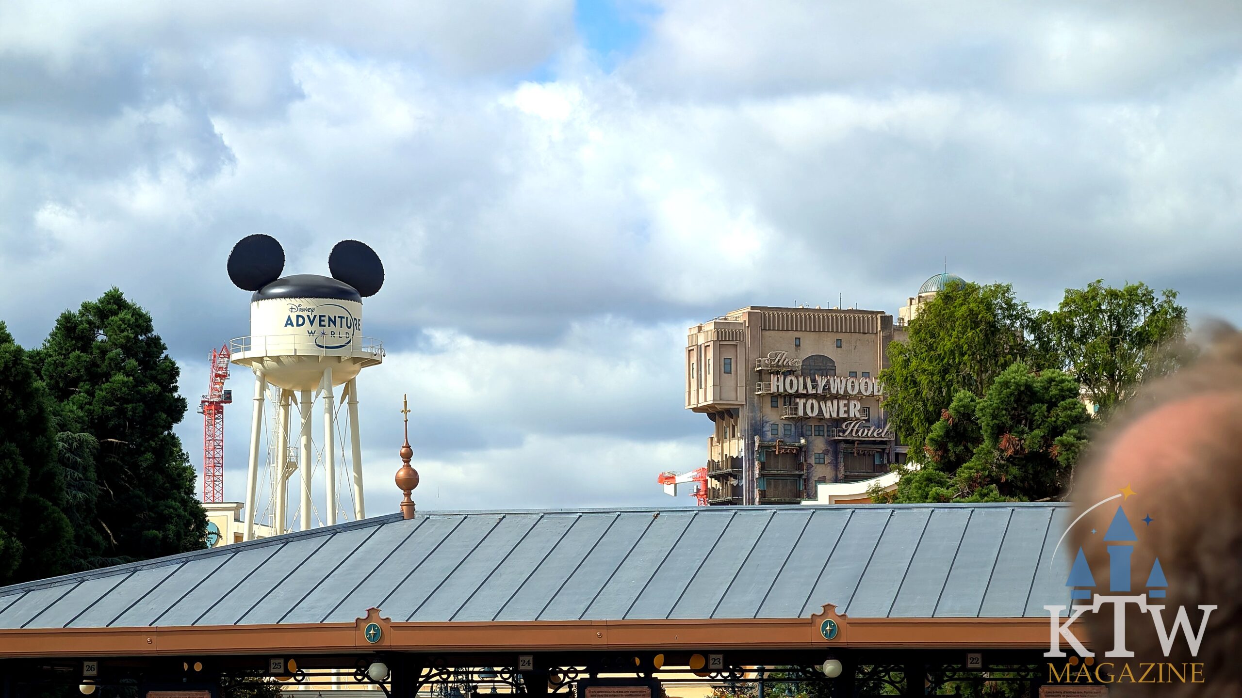 Mickey water tower and Hollywood Tower Hotel of Disney Adventure World above the rooftops, Disneyland Paris