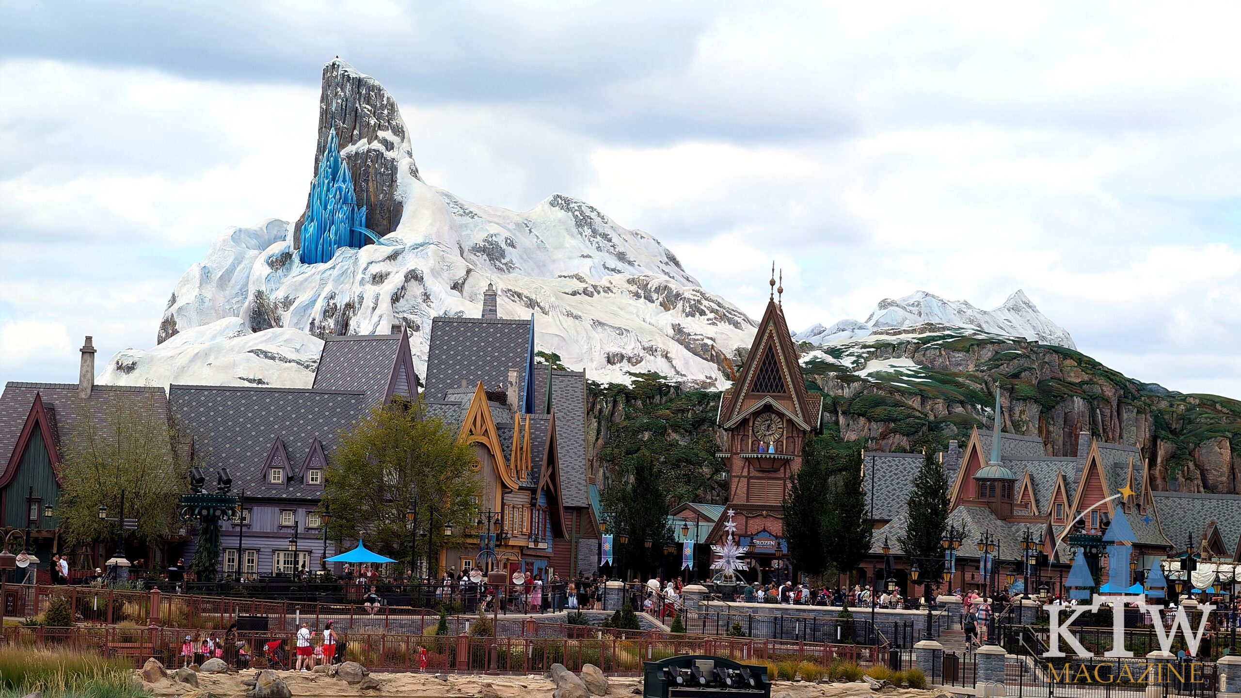 View of Arendelle village with snow-capped mountain peak in World of Frozen, Disneyland Paris