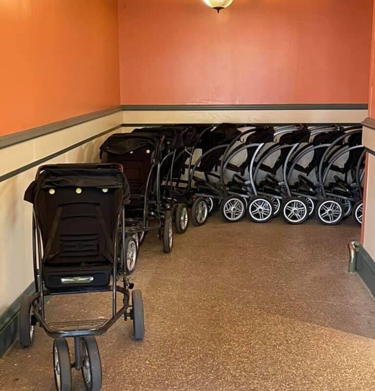 Verhuurde kinderwagens op een rij bij Disneyland Paris