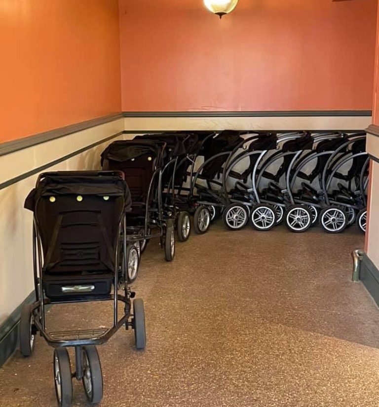 Verhuurde kinderwagens op een rij bij Disneyland Paris